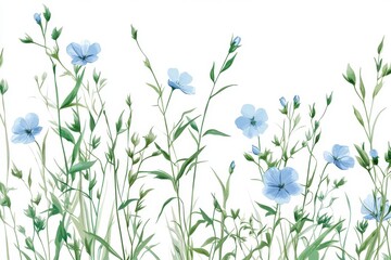 Azure flax, wild blooms, vector illustrations of verdant herbs and flora on a pale background, botanical elements, handcrafted plant art