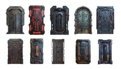 Sci-fi futuristic door set isolated on transparent or white background	