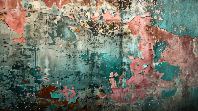 A close-up of a weathered wall with peeling paint in shades of teal, pink, and brown