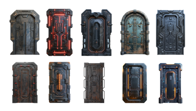Sci-fi futuristic door set isolated on transparent or white background	