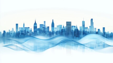 Light blue and white urban skyline. The urban scenery in a clean background reflects progress and creativity. The graphic design style showcases business concepts and new technological trends.