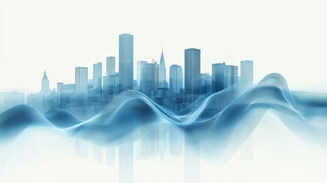 Light blue and white urban skyline. The urban scenery in a clean background reflects progress and creativity. The graphic design style showcases business concepts and new technological trends.