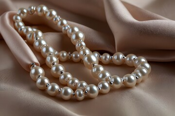 Obraz premium Pearl Necklace on satin ( A string of pearls laying delicately on smooth satin fabric)