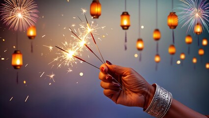 Festive Sparkler Celebration with Lanterns and Fireworks