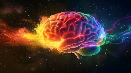 Obraz premium A Rainbow-Colored Brain with Glowing Lines and Sparks