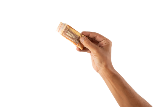 Hand holding wrapped euro banknotes isolated no background cutout - Powered by Adobe