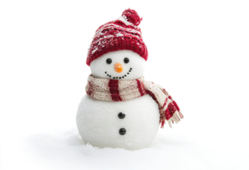 Smiling snowman in red hat and scarf, standing in snow, isolated on transparent cutout background