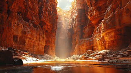  A slender gorge featuring a flowing watercourse sandwiched between its walls, illuminated by a radiant source overhead