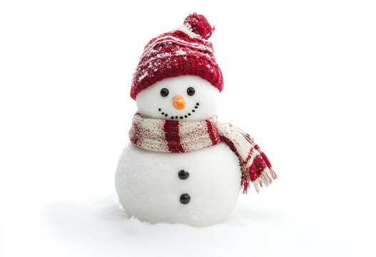 Smiling snowman in red hat and scarf, standing in snow, isolated on transparent cutout background