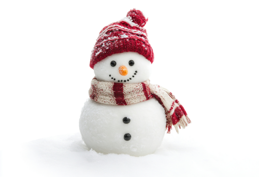 Smiling snowman in red hat and scarf, standing in snow, isolated on transparent cutout background