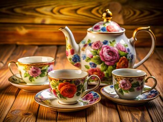 Fototapeta premium Elegant Vintage Teaset with Floral Design, Teapot, Cups, and Saucers on Wooden Table Background
