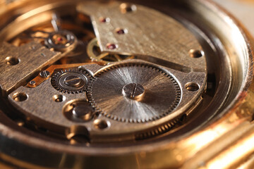 Mechanism of vintage wrist watch, closeup view