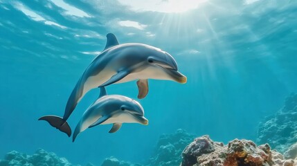 Fototapeta premium Dolphins Swimming in Clear Blue Ocean Water