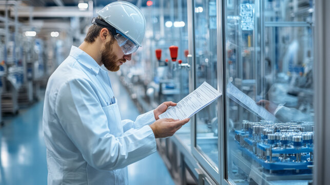A focused worker in lab coat and safety gear examines documents in modern manufacturing facility, showcasing attention to detail and commitment to quality control