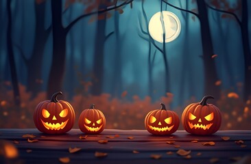 Fototapeta premium Halloween pumpkins on wood. Bokeh photo of halloween scary pumpkins. Halloween background at night forest with moon, autumn colors.