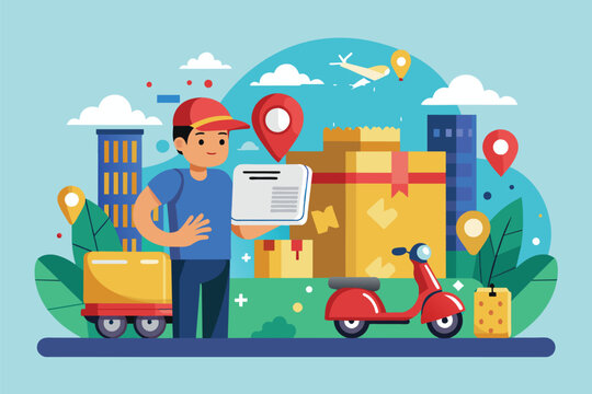 A courier stands with a delivery package amidst colorful buildings and transportation options, Delivery service, flat illustration