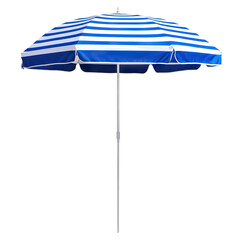 Blue and white striped beach umbrella, isolated on transparent cutout background