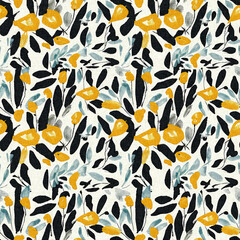 Modern printed fabric wildflower blockprint pattern with linen fabric textures. Stylized hand drawn boho dark florals for decorative design elements in repeatable background tile.