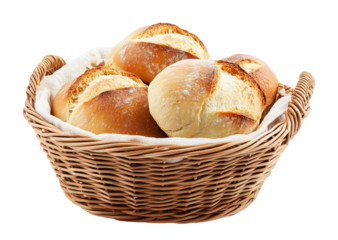 Freshly baked bread rolls in a wicker basket, isolated on transparent cutout background