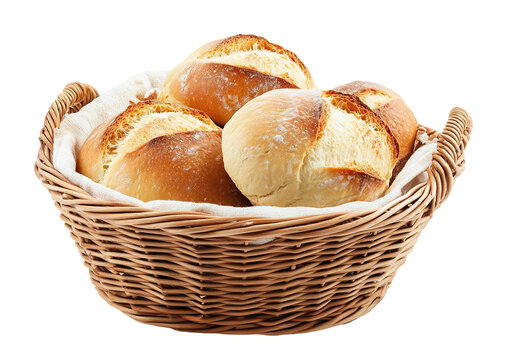 Freshly baked bread rolls in a wicker basket, isolated on transparent cutout background