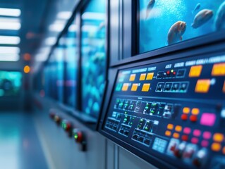 Fototapeta premium A detailed view of a control panel in an aquarium, featuring colorful buttons and screens displaying aquatic life.