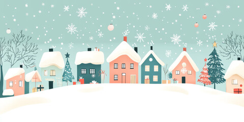 Cozy winter village scene with colorful houses, snow covered rooftops, and festive decorations. Snowflakes and ornaments create cheerful holiday atmosphere