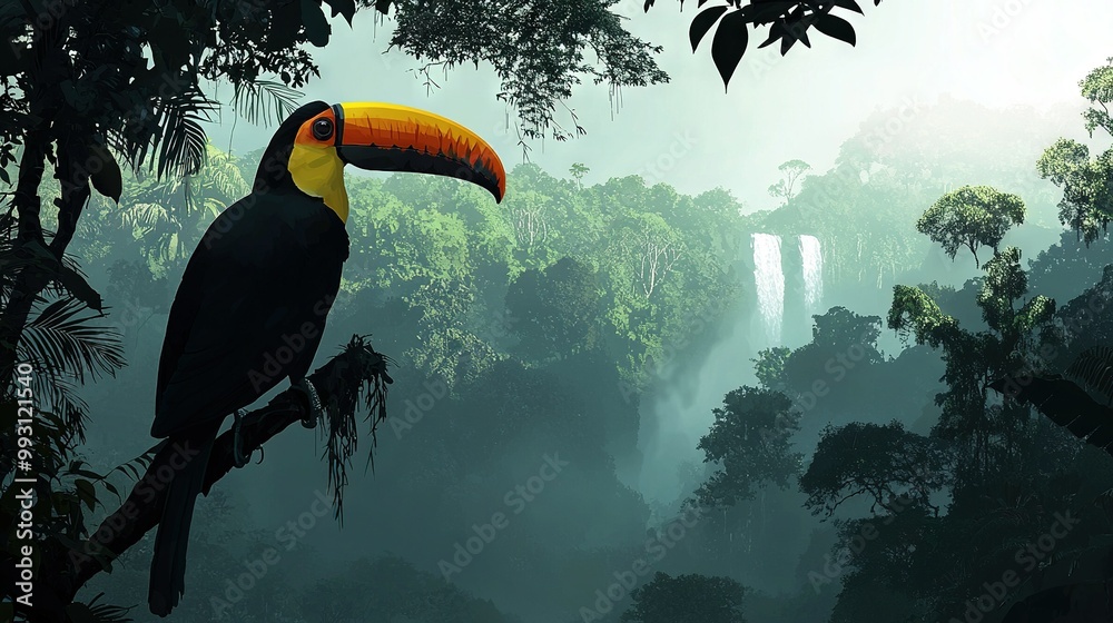 Poster   A toucan sat on a tree limb before a waterfall, with it visible in the background