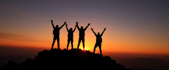 Silhouettes of four people raising their arms in victory on a mountain top at sunset.