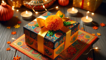 Decorated Diwali Gift Box with Marigold Flowers