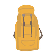 Orange hiking backpack in flat design. Backpacking accessory, bag with pockets. Vector illustration isolated.