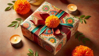 Decorated Diwali Gift Box with Marigold Flowers