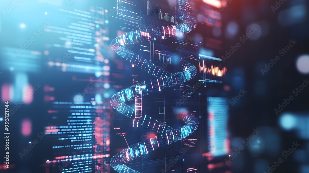 Poster abstract digital data visualization with glowing lines and code