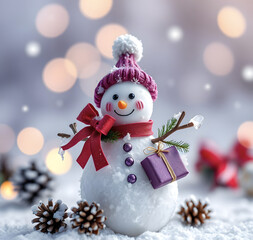 Microscopic image of a small purple snowman for Christmas with icicles, ribbons, cones and pine branches. A gift on a softly blurred background, elegant composition. Ultra-high resolution illustration