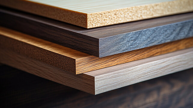 High quality melamine faced fiberboard in various wood finishes, showcasing range of textures and colors. Ideal for furniture and interior design projects, these boards offer durability and aesthetic