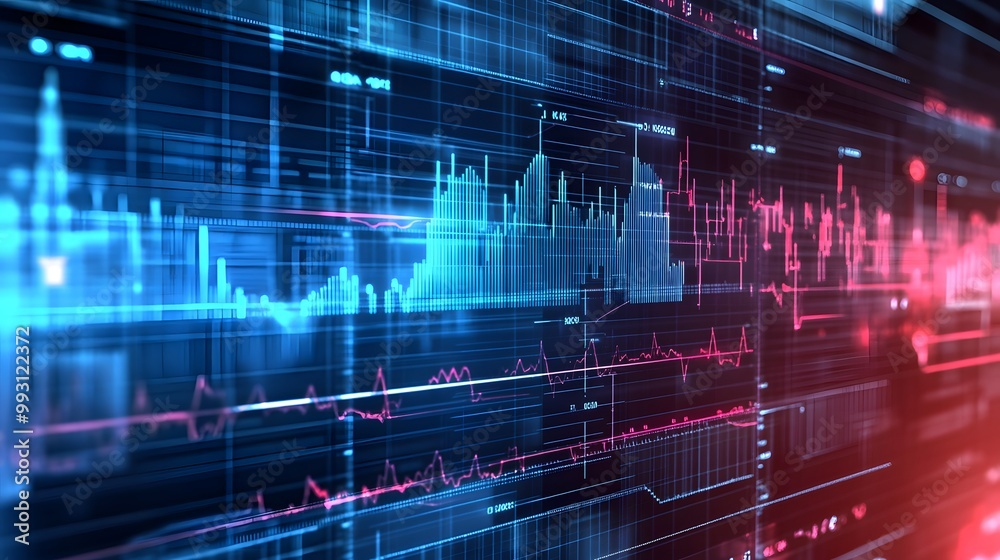 Poster abstract digital data visualization with blue and red lines and charts on a dark background