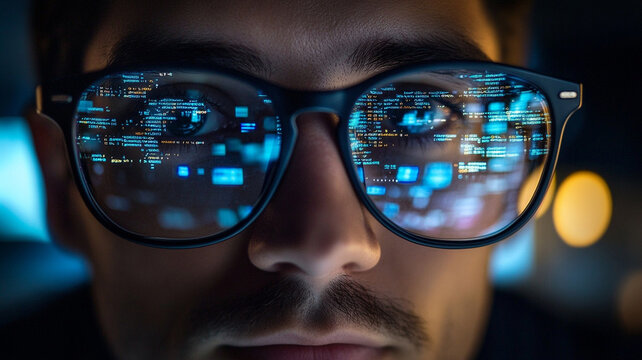 image captures close up of persons face, focusing on their eyeglasses that reflect digital data and programming code, creating futuristic and tech savvy atmosphere