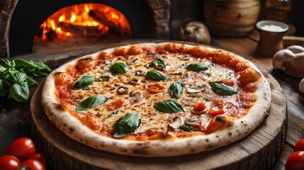 Authentic Italian Pizza in Rustic Wood-Fired Oven Setting with Fresh Ingredients