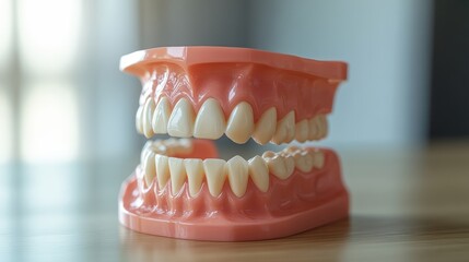Close-Up of Dental Model with Artificial Teeth on Wooden Surface in Bright Room