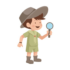 Cute boy scout in flat design. Teenager in uniform with magnifier at camping. Vector illustration isolated.