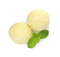 Scoops of melon sorbet and mint isolated on white, top view
