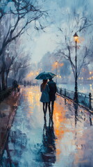 Fototapeta premium Romantic Couple Walking in the Rain on a Misty Evening
