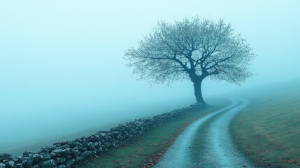 A winding path leads through a misty landscape with a solitary tree, creating an atmosphere of tranquility and solitude at dawn
