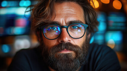 Obraz premium A man with curly hair and glasses sits at a café table, lost in thought while illuminated by soft, glowing lights around him