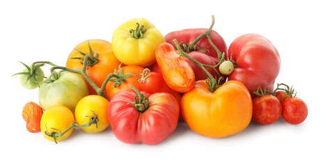 Different sorts of fresh ripe tomatoes isolated on white