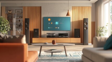 Cozy and Modern Living Room with Wooden Furnishings and Audio Electronics