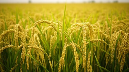 Golden rice fields ready for harvest at sunset in rural farmland, reflecting late summer's abundance and agricultural beauty