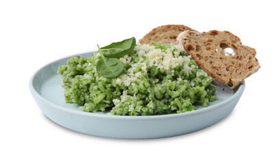 Tasty spinach risotto and bread isolated on white
