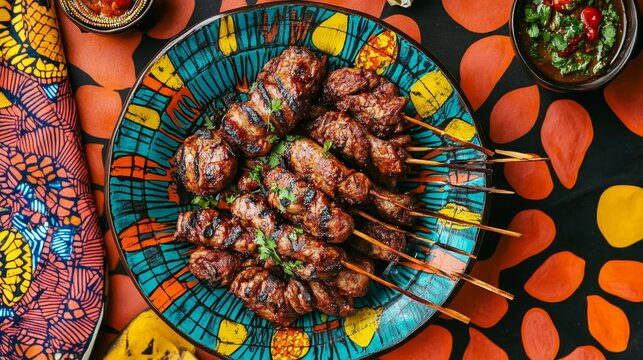 Vibrant Kenyan Nyama Choma Feast on Savannah Background with Local Designs from Top-Down View