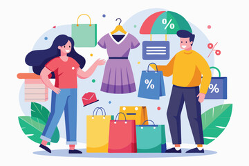 Two shoppers are excitedly exploring clothing discounts surrounded by colorful shopping bags and sale items, Discounts on clothing shopping, flat illustration