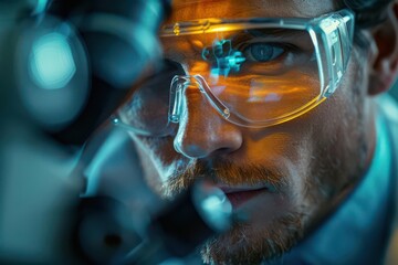 Scientist with a microscope, deeply focused on a slide